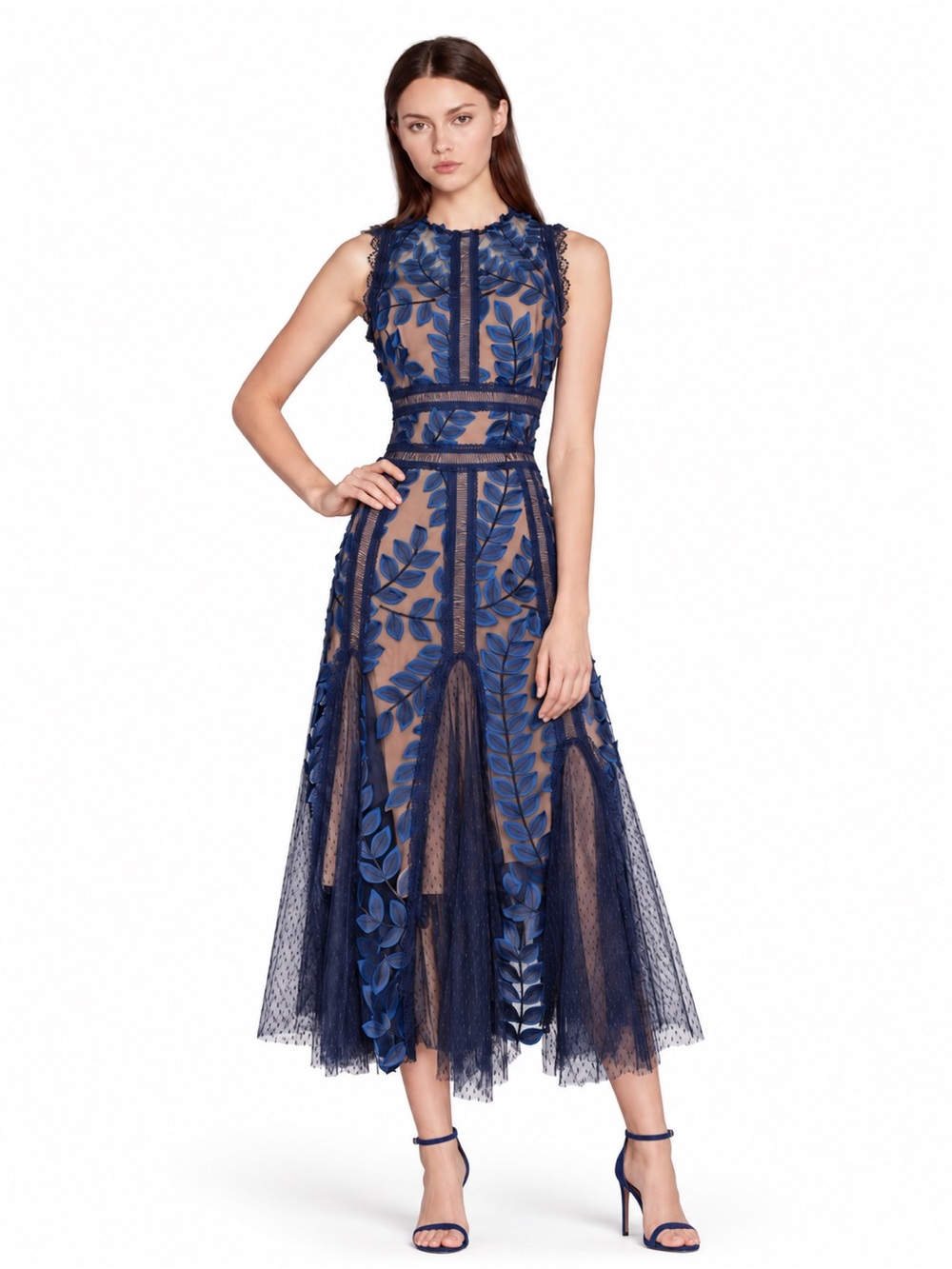 Bronx and Banco Saba Embroidered Midi Mesh Dress in Navy Size 4